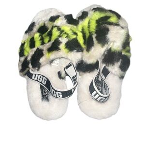 UGG Fluff Yeah Animalia Girls Sz 11 Sandal Slippers Key Lime/Black Leopard